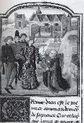 Guillbert de Lannoy presenting his book L-Instruction d-un jeune prince to Charles the Bold in a garden